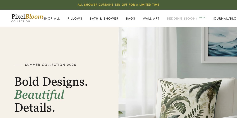 PixelBloom Collection homepage, an in-house Reliant brand migrated from Etsy to Shopify